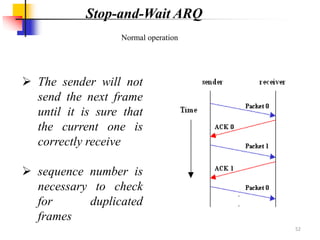 Normal operation
 The sender will not
send the next frame
until it is sure that
the current one is
correctly receive
 sequence number is
necessary to check
for duplicated
frames
Stop-and-Wait ARQ
52
 