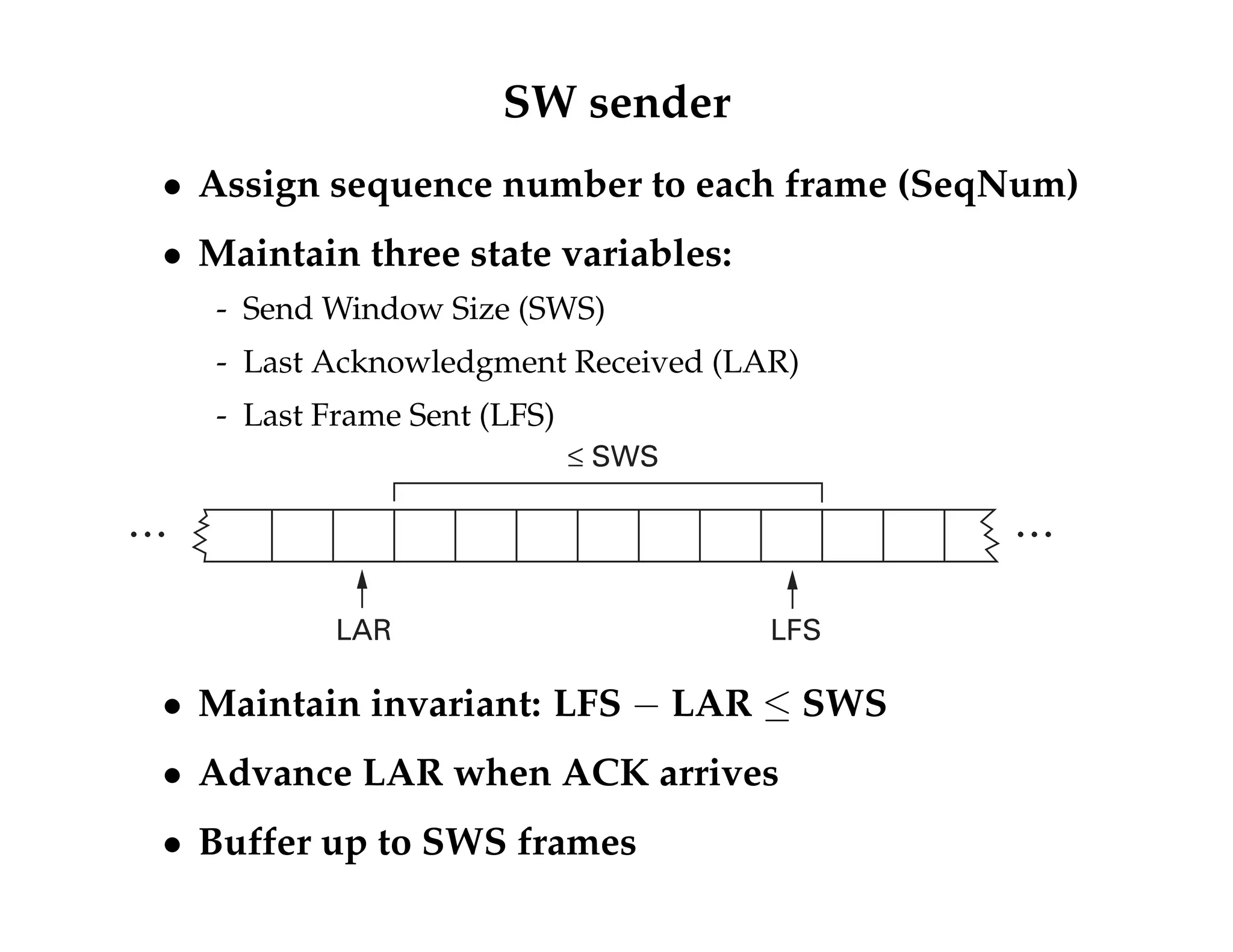 SW sender 
 Assign sequence number to each frame (SeqNum) 
 Maintain three state variables: 
- SendWindow Size (SWS) 
- Last Acknowledgment Received (LAR) 
- Last Frame Sent (LFS) 
£ SWS 
… … 
LAR LFS 
 Maintain invariant: LFS  LAR  SWS 
 Advance LAR when ACK arrives 
 Buffer up to SWS frames 
 