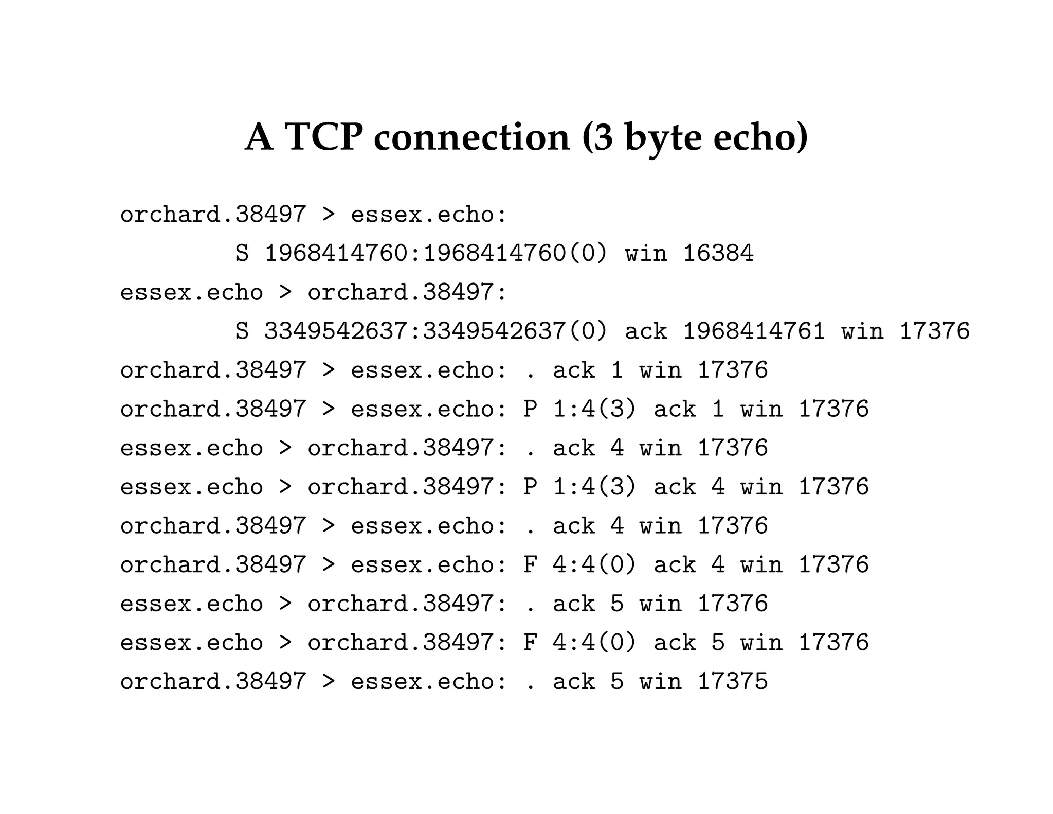 A TCP connection (3 byte echo) 
orchard.38497  essex.echo: 
S 1968414760:1968414760(0) win 16384 
essex.echo  orchard.38497: 
S 3349542637:3349542637(0) ack 1968414761 win 17376 
orchard.38497  essex.echo: . ack 1 win 17376 
orchard.38497  essex.echo: P 1:4(3) ack 1 win 17376 
essex.echo  orchard.38497: . ack 4 win 17376 
essex.echo  orchard.38497: P 1:4(3) ack 4 win 17376 
orchard.38497  essex.echo: . ack 4 win 17376 
orchard.38497  essex.echo: F 4:4(0) ack 4 win 17376 
essex.echo  orchard.38497: . ack 5 win 17376 
essex.echo  orchard.38497: F 4:4(0) ack 5 win 17376 
orchard.38497  essex.echo: . ack 5 win 17375 
 