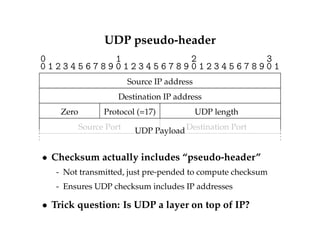 UDP pseudo-header 
0 1 2 3 
0 1 2 3 4 5 6 7 8 9 0 1 2 3 4 5 6 7 8 9 0 1 2 3 4 5 6 7 8 9 0 1 
Source IP address 
Destination IP address 
Zero Protocol (=17) UDP length 
Source Port Destination Port 
UDP Payload 
 Checksum actually includes “pseudo-header” 
- Not transmitted, just pre-pended to compute checksum 
- Ensures UDP checksum includes IP addresses 
 Trick question: Is UDP a layer on top of IP? 
 