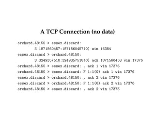 A TCP Connection (no data) 
orchard.48150  essex.discard: 
S 1871560457:1871560457(0) win 16384 
essex.discard  orchard.48150: 
S 3249357518:3249357518(0) ack 1871560458 win 17376 
orchard.48150  essex.discard: . ack 1 win 17376 
orchard.48150  essex.discard: F 1:1(0) ack 1 win 17376 
essex.discard  orchard.48150: . ack 2 win 17376 
essex.discard  orchard.48150: F 1:1(0) ack 2 win 17376 
orchard.48150  essex.discard: . ack 2 win 17375 
 