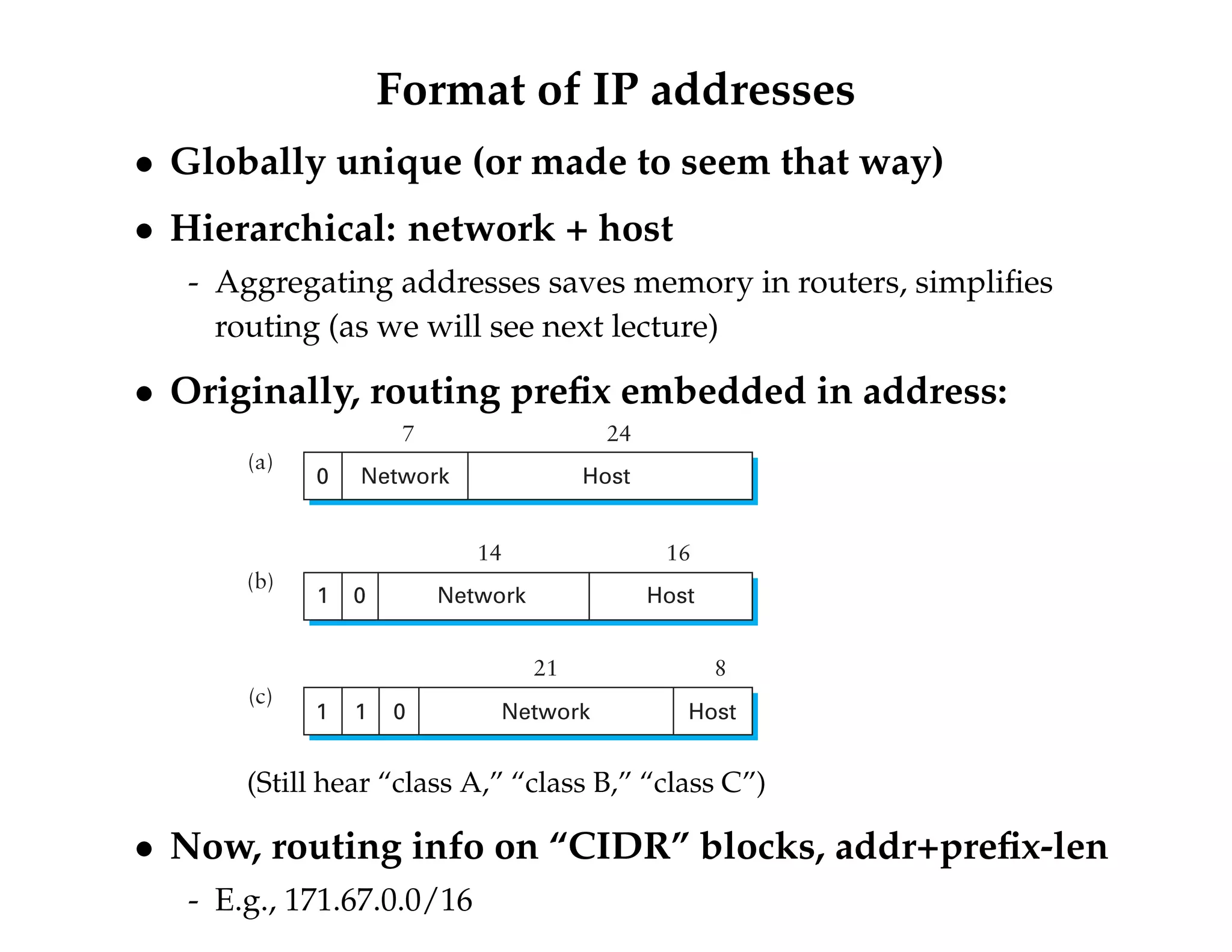 Format of IP addresses 
 Globally unique (or made to seem that way) 
 Hierarchical: network + host 
- Aggregating addresses saves memory in routers, simplifies 
routing (as we will see next lecture) 
 Originally, routing prefix embedded in address: 
7 24 
Network Host 
0 
(a) 
14 16 
Network Host 
1 0 
(b) 
21 8 
Network Host 
1 1 0 
(c) 
(Still hear “class A,” “class B,” “class C”) 
 Now, routing info on “CIDR” blocks, addr+prefix-len 
- E.g., 171.67.0.0/16 
 