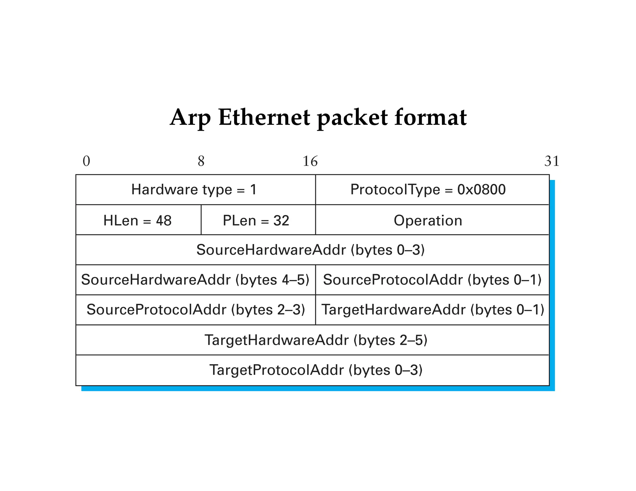 Arp Ethernet packet format 
0 8 16 31 
Hardware type = 1 ProtocolType = 0x0800 
HLen = 48 PLen = 32 Operation 
SourceHardwareAddr (bytes 0–3) 
SourceHardwareAddr (bytes 4–5) 
SourceProtocolAddr (bytes 2–3) 
SourceProtocolAddr (bytes 0–1) 
TargetHardwareAddr (bytes 0–1) 
TargetHardwareAddr (bytes 2–5) 
TargetProtocolAddr (bytes 0–3) 
 