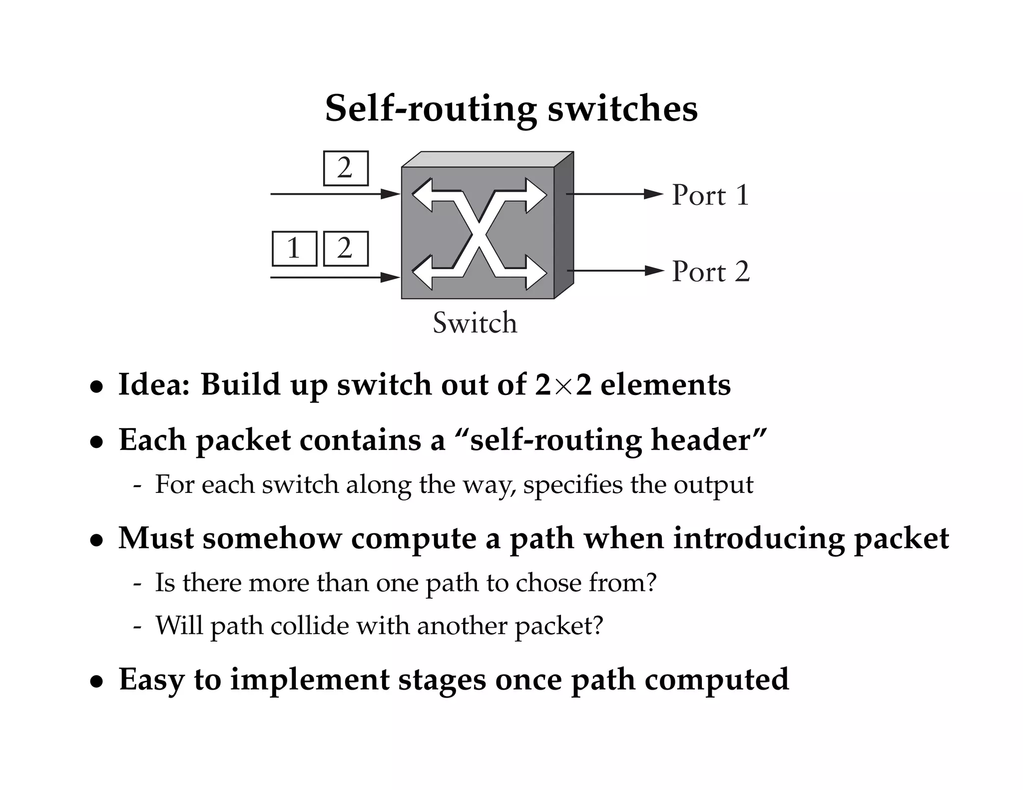 Self-routing switches 
Switch 
2 
1 2 
Port 1 
Port 2 
 Idea: Build up switch out of 22 elements 
 Each packet contains a “self-routing header” 
- For each switch along the way, specifies the output 
 Must somehow compute a path when introducing packet 
- Is there more than one path to chose from? 
- Will path collide with another packet? 
 Easy to implement stages once path computed 
 