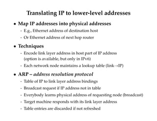 Translating IP to lower-level addresses 
 Map IP addresses into physical addresses 
- E.g., Ethernet address of destination host 
- Or Ethernet address of next hop router 
 Techniques 
- Encode link layer address in host part of IP address 
(option is available, but only in IPv6) 
- Each network node maintains a lookup table (link!IP) 
 ARP – address resolution protocol 
- Table of IP to link layer address bindings 
- Broadcast request if IP address not in table 
- Everybody learns physical address of requesting node (broadcast) 
- Target machine responds with its link layer address 
- Table entries are discarded if not refreshed 
 