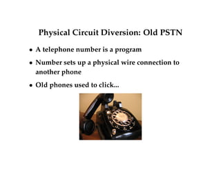 Physical Circuit Diversion: Old PSTN 
 A telephone number is a program 
 Number sets up a physical wire connection to 
another phone 
 Old phones used to click... 
 