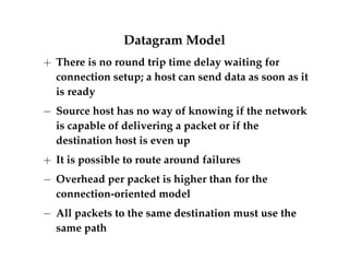 Datagram Model 
+ There is no round trip time delay waiting for 
connection setup; a host can send data as soon as it 
is ready 
 Source host has no way of knowing if the network 
is capable of delivering a packet or if the 
destination host is even up 
+ It is possible to route around failures 
 Overhead per packet is higher than for the 
connection-oriented model 
 All packets to the same destination must use the 
same path 
 