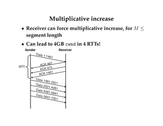 Three questions, revisited 
 Goal: maintain TCP goodput at equilibrium 
 When does TCP retransmit packets? 
 When does TCP transmit packets? 
 When does TCP ack packets? 
 