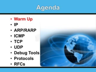 •
•
•
•
•
•
•
•
•

Warm Up
IP
ARP/RARP
ICMP
TCP
UDP
Debug Tools
Protocols
RFCs

 