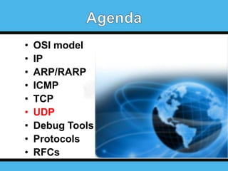 •
•
•
•
•
•
•
•
•

OSI model
IP
ARP/RARP
ICMP
TCP
UDP
Debug Tools
Protocols
RFCs

 