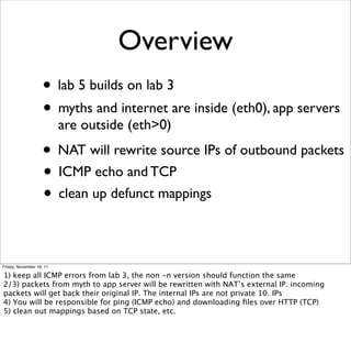 Overview 
• lab 5 builds on lab 3 
• myths and internet are inside (eth0), app servers 
are outside (eth>0) 
• ICMP echo and TCP 
• NAT will rewrite source IPs of outbound packets 
• clean up defunct mappings 
Friday, November 18, 11 
1) keep all ICMP errors from lab 3, the non -n version should function the same 
2/3) packets from myth to app server will be rewritten with NAT’s external IP. incoming 
packets will get back their original IP. The internal IPs are not private 10. IPs 
4) You will be responsible for ping (ICMP echo) and downloading files over HTTP (TCP) 
5) clean out mappings based on TCP state, etc. 
 