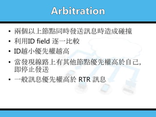 • 兩個以上節點同時發送訊息時造成碰撞
• 利用ID field 逐一比較
• ID越小優先權越高
• 當發現線路上有其他節點優先權高於自己，
即停止發送
• 一般訊息優先權高於 RTR 訊息
 
