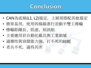 • CAN為底層(L1, L2)協定，上層須搭配其他協定
• 簡單易用，使用四條線進行差動半雙工傳輸
• 傳輸距離長、低速、短訊框
• 主要應用於自動化載具與工業領域
• 適應性與容錯能力強，打不死的蟑螂
• 老兵不死，適得其所
 