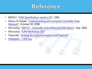• BOSCH, “CAN Specification version 2.0”, 1991
• Marco Di Natale, “Understanding and using the Controller Area
Network”, October 30, 2008
• Microchip, “AN713 – Controller Area Network(CAN) Basics”, Sep. 2005
• Microchip, "CAN Workshop 202”
• Freescale, “Analog Bus Communication and Products”
• Wikipedia – CAN bus
 