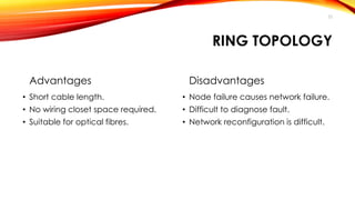 22 
RING TOPOLOGY 
Advantages 
• Short cable length. 
• No wiring closet space required. 
• Suitable for optical fibres. 
Disadvantages 
• Node failure causes network failure. 
• Difficult to diagnose fault. 
• Network reconfiguration is difficult. 
 