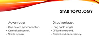STAR TOPOLOGY 
Advantages 
• One device per connection. 
• Centralised control. 
• Simple access. 
Disadvantages 
• Long cable length. 
• Difficult to expand. 
• Central nod dependency. 
26 
 