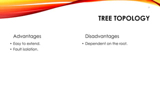 TREE TOPOLOGY 
Advantages 
• Easy to extend. 
• Fault isolation. 
Disadvantages 
• Dependent on the root. 
29 
 