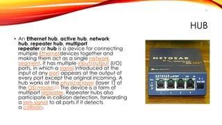 HUB 
• An Ethernet hub, active hub, network 
hub, repeater hub, multiport 
repeater or hub is a device for connecting 
multiple Ethernetdevices together and 
making them act as a single network 
segment. It has multiple input/output (I/O) 
ports, in which a signal introduced at the 
input of any port appears at the output of 
every port except the original incoming. A 
hub works at the physical layer (layer 1) of 
the OSI model.[1] The device is a form of 
multiport repeater. Repeater hubs also 
participate in collision detection, forwarding 
a jam signal to all ports if it detects 
a collision. 
52 
 