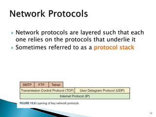  Network protocols are layered such that each
one relies on the protocols that underlie it
 Sometimes referred to as a protocol stack
13
 