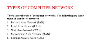 TYPES OF COMPUTER NETWORK
There several types of computer networks. The following are some
types of computer networks
1. Personal Area Network (PAN)
2. Local Area Network(LAN)
3. Wide Area Network (WAN)
4. Metropolitan Area Network (MAN)
5. Campus Area Network (CAN)
 