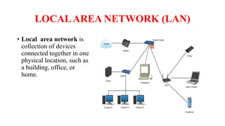 LOCALAREA NETWORK (LAN)
• Local area network is
collection of devices
connected together in one
physical location, such as
a building, office, or
home.
 