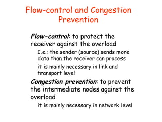 Flow-control and Congestion
Prevention
Flow-control: to protect the
receiver against the overload
I.e.: the sender (source...