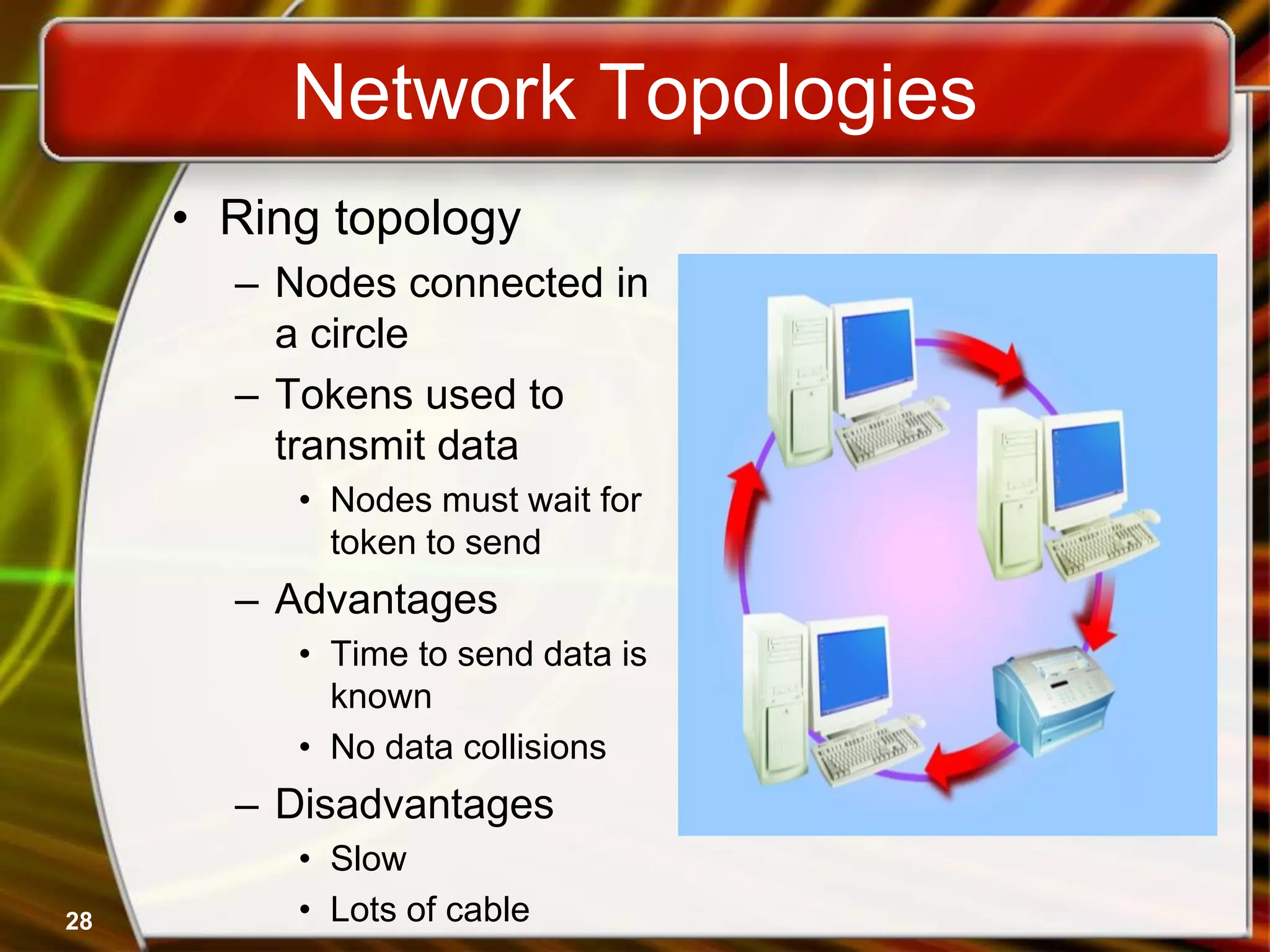 Network Topologies
• Ring topology
– Nodes connected in
a circle
– Tokens used to
transmit data
• Nodes must wait for
token to send
– Advantages
• Time to send data is
known
• No data collisions
– Disadvantages
• Slow
• Lots of cable
28
 