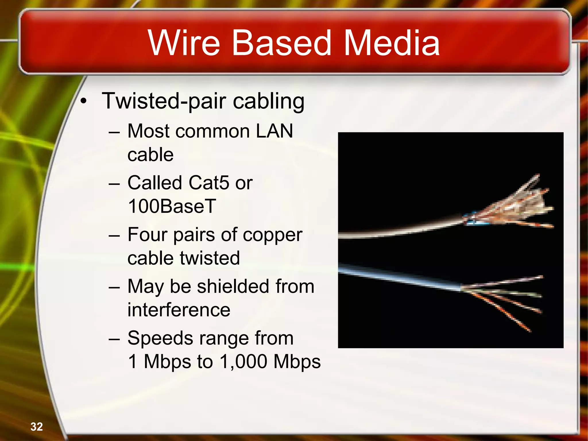 32
Wire Based Media
• Twisted-pair cabling
– Most common LAN
cable
– Called Cat5 or
100BaseT
– Four pairs of copper
cable twisted
– May be shielded from
interference
– Speeds range from
1 Mbps to 1,000 Mbps
 