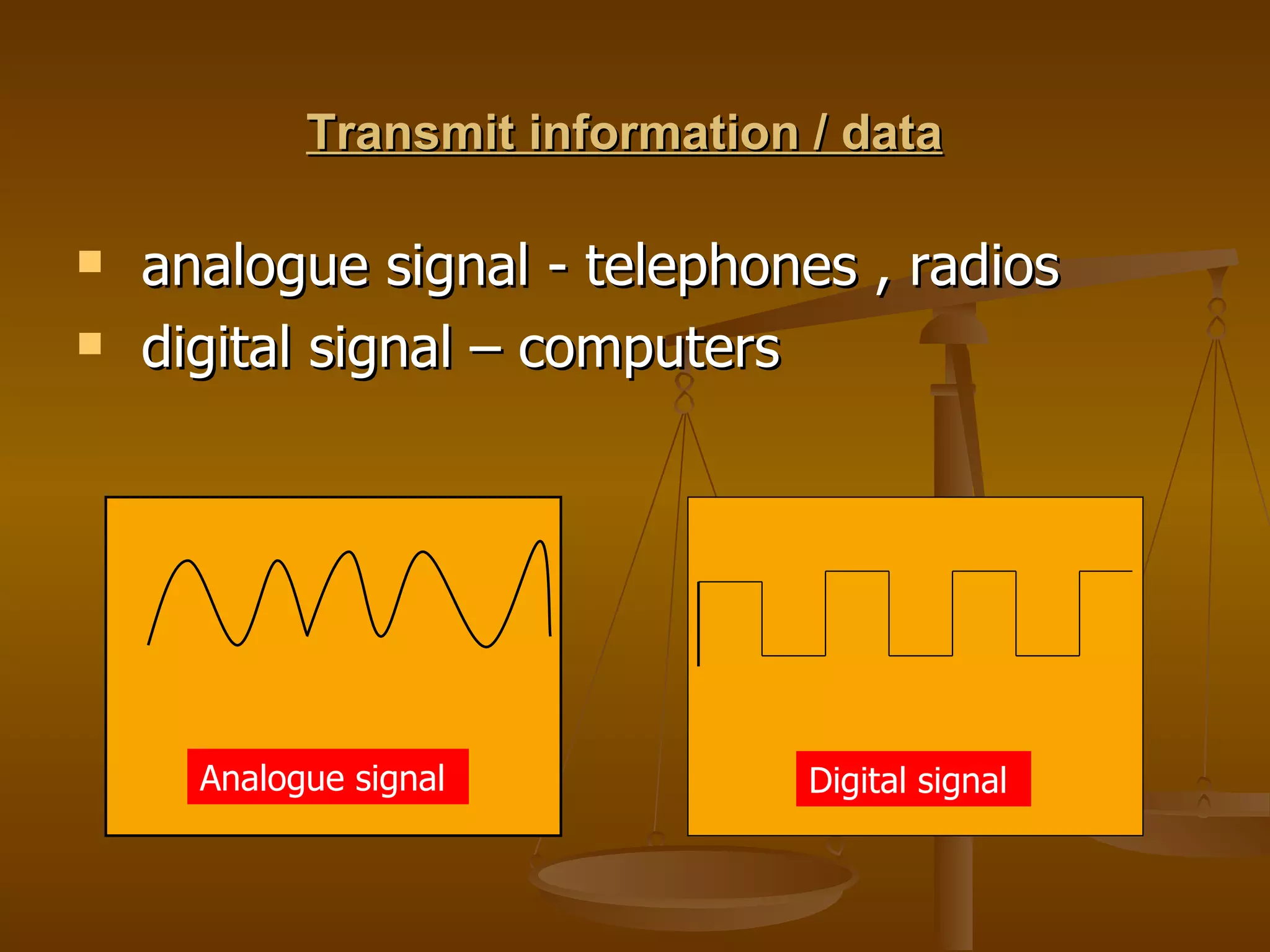 Transmit information / data   analogue signal - telephones , radios  digital signal – computers  Analogue signal  Digital signal  