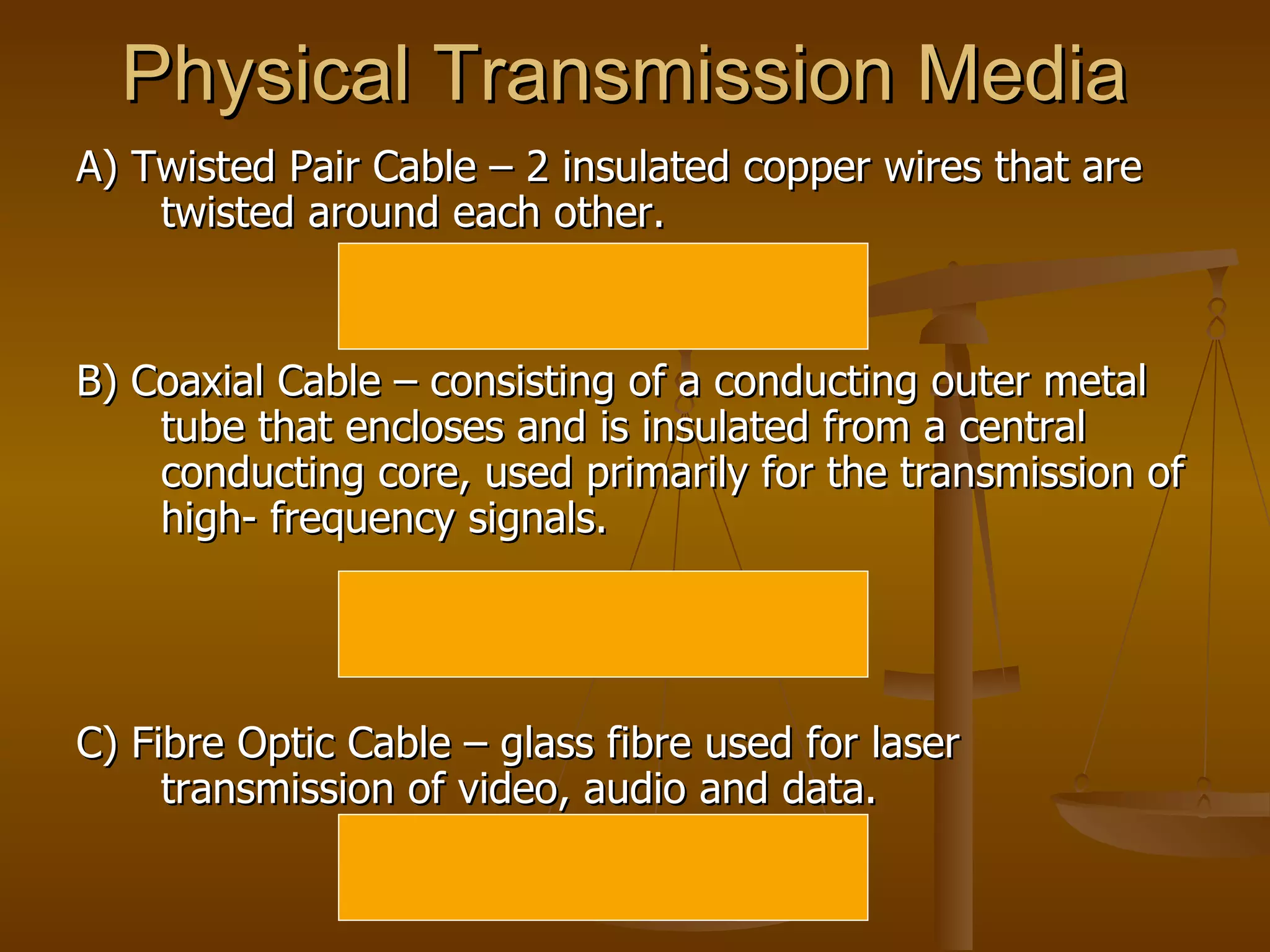 Physical Transmission Media  A) Twisted Pair Cable – 2 insulated copper wires that are twisted around each other.  B) Coaxial Cable – consisting of a conducting outer metal tube that encloses and is insulated from a central conducting core, used primarily for the transmission of high- frequency signals. C) Fibre Optic Cable – glass fibre used for laser transmission of video, audio and data. 