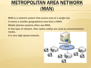 METROPOLITAN AREA NETWORK
(MAN)
 MAN is a network system that covers area of a single city.
 It covers a smaller geographical area than a WAN.
 Mobile phones systems often use MAN.
 In this type of network, fiber optics cables are used as communication
media.
 It is very high speed network.
 