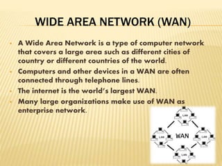 WIDE AREA NETWORK (WAN)
 A Wide Area Network is a type of computer network
that covers a large area such as different cities of
country or different countries of the world.
 Computers and other devices in a WAN are often
connected through telephone lines.
 The internet is the world’s largest WAN.
 Many large organizations make use of WAN as
enterprise network.
 