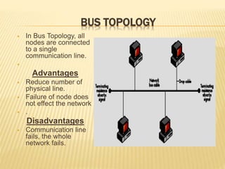 BUS TOPOLOGY
 In Bus Topology, all
nodes are connected
to a single
communication line.

Advantages
 Reduce number of
physical line.
 Failure of node does
not effect the network
 .
Disadvantages
 Communication line
fails, the whole
network fails.
 