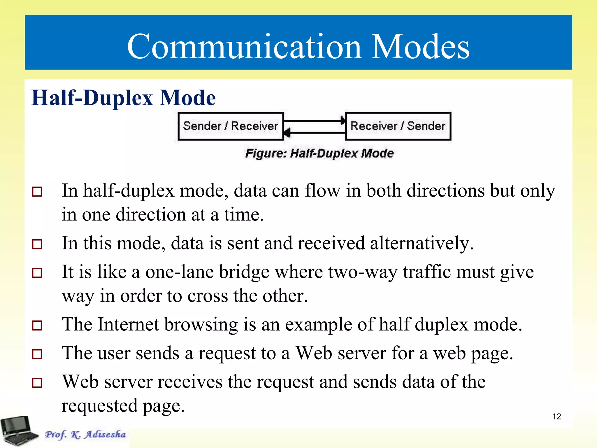 Communication Modes
Half-Duplex Mode
 In half-duplex mode, data can flow in both directions but only
in one direction at a time.
 In this mode, data is sent and received alternatively.
 It is like a one-lane bridge where two-way traffic must give
way in order to cross the other.
 The Internet browsing is an example of half duplex mode.
 The user sends a request to a Web server for a web page.
 Web server receives the request and sends data of the
requested page. 12
 