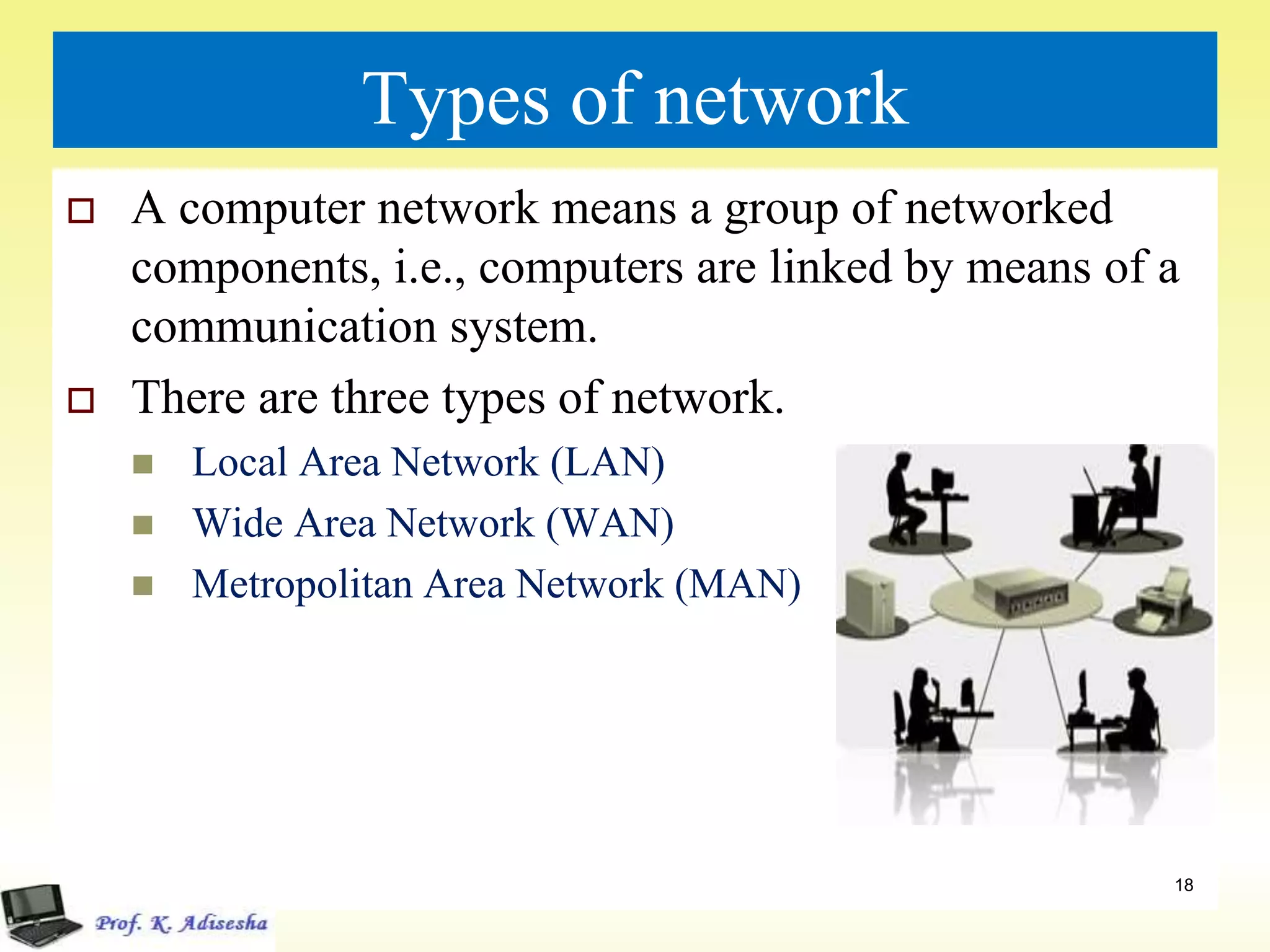 Types of network
 A computer network means a group of networked
components, i.e., computers are linked by means of a
communication system.
 There are three types of network.
 Local Area Network (LAN)
 Wide Area Network (WAN)
 Metropolitan Area Network (MAN)
18
 