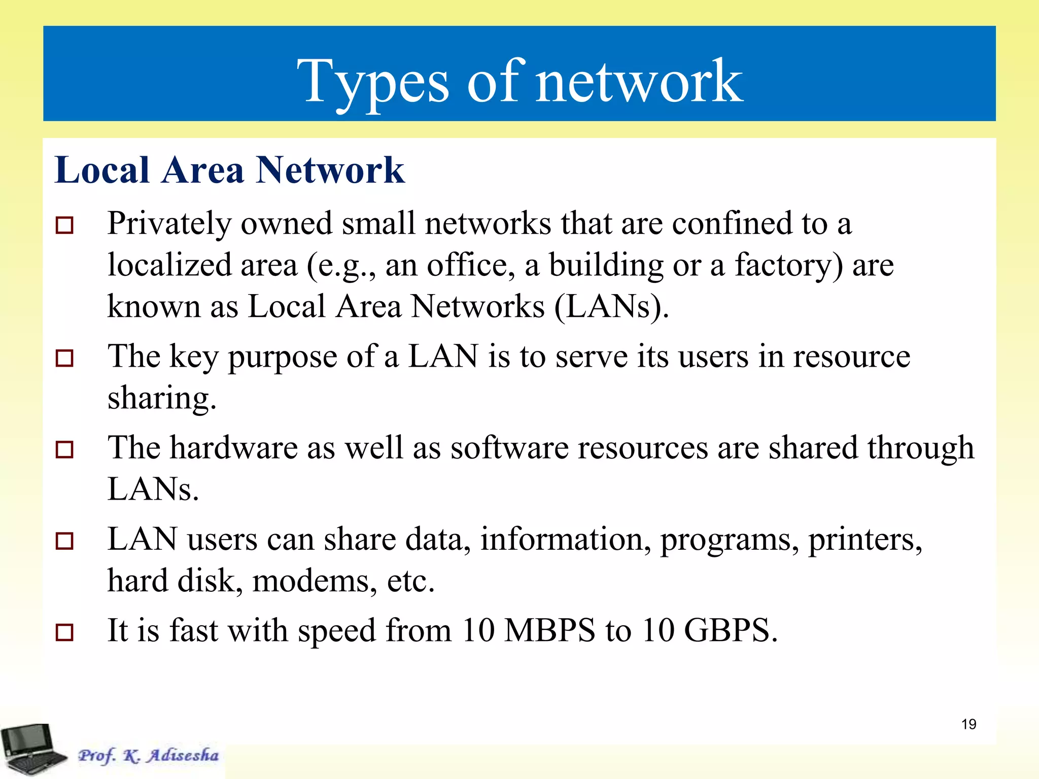 Types of network
Local Area Network
 Privately owned small networks that are confined to a
localized area (e.g., an office, a building or a factory) are
known as Local Area Networks (LANs).
 The key purpose of a LAN is to serve its users in resource
sharing.
 The hardware as well as software resources are shared through
LANs.
 LAN users can share data, information, programs, printers,
hard disk, modems, etc.
 It is fast with speed from 10 MBPS to 10 GBPS.
19
 