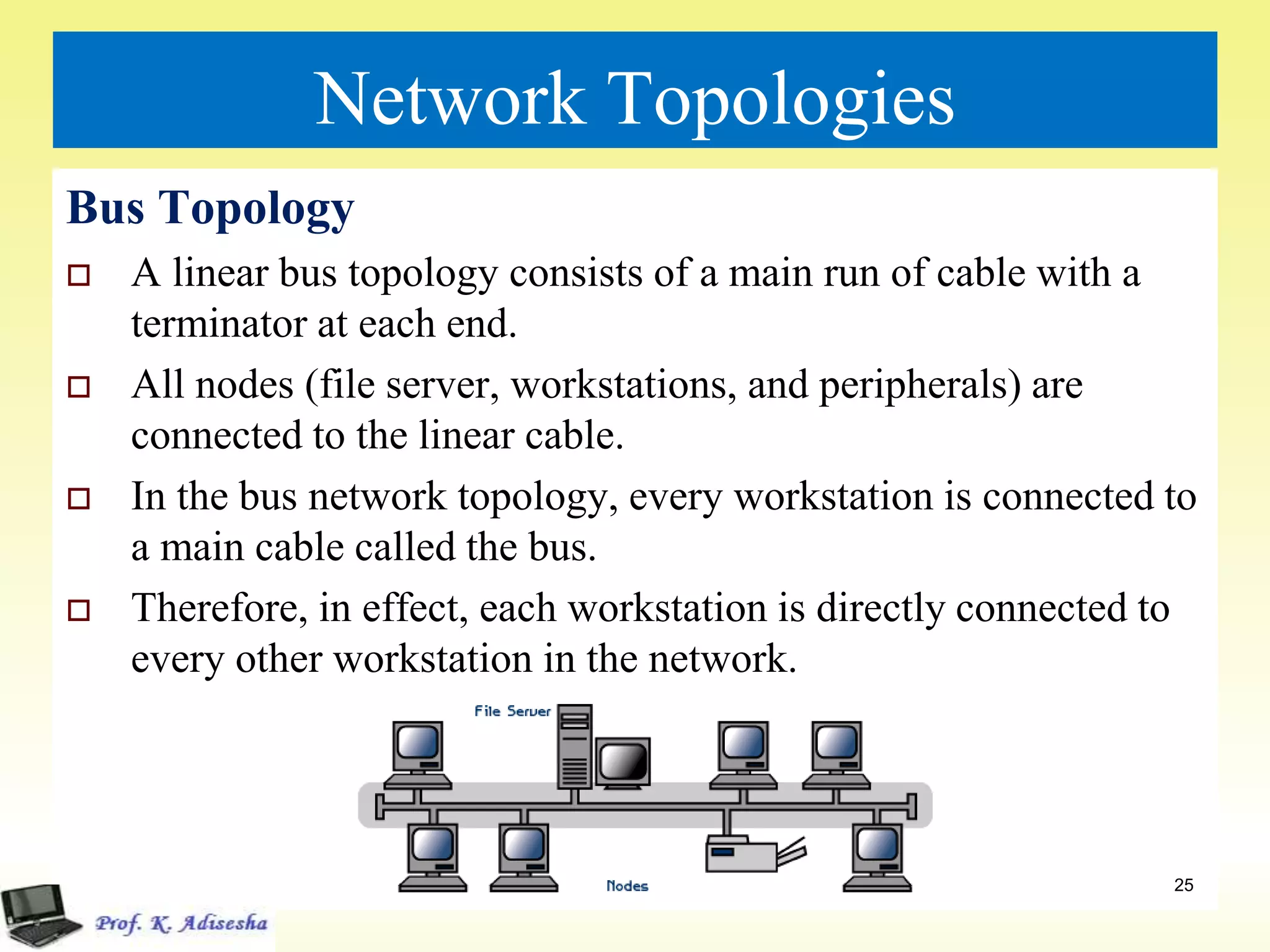 Network Topologies
Bus Topology
 A linear bus topology consists of a main run of cable with a
terminator at each end.
 All nodes (file server, workstations, and peripherals) are
connected to the linear cable.
 In the bus network topology, every workstation is connected to
a main cable called the bus.
 Therefore, in effect, each workstation is directly connected to
every other workstation in the network.
25
 