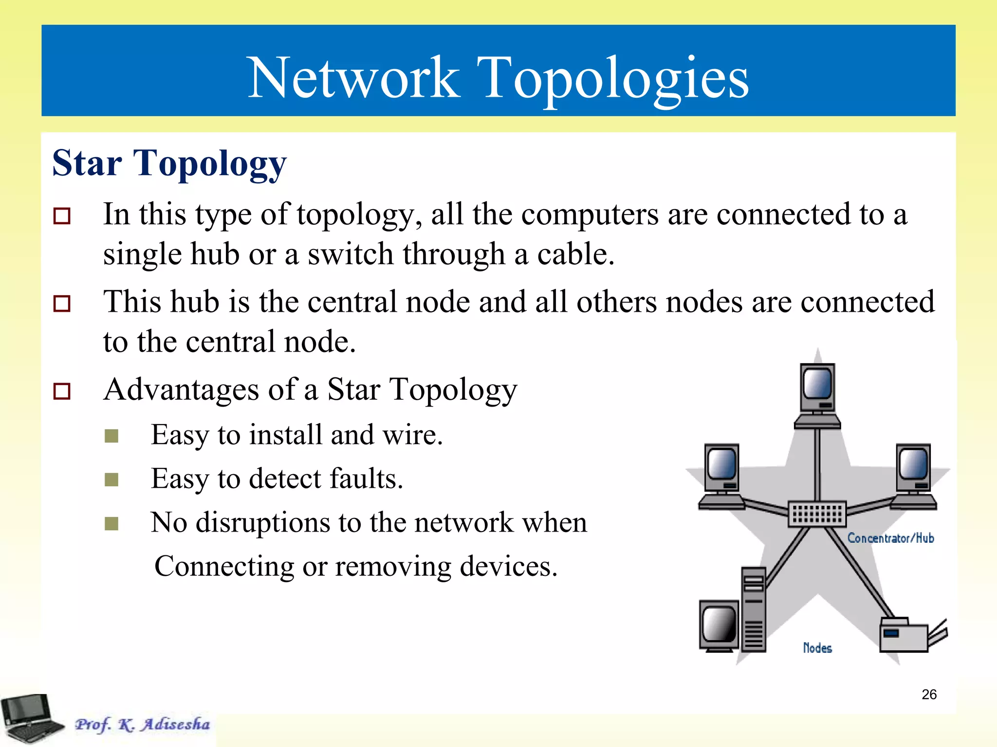 Network Topologies
Star Topology
 In this type of topology, all the computers are connected to a
single hub or a switch through a cable.
 This hub is the central node and all others nodes are connected
to the central node.
 Advantages of a Star Topology
 Easy to install and wire.
 Easy to detect faults.
 No disruptions to the network when
Connecting or removing devices.
26
 
