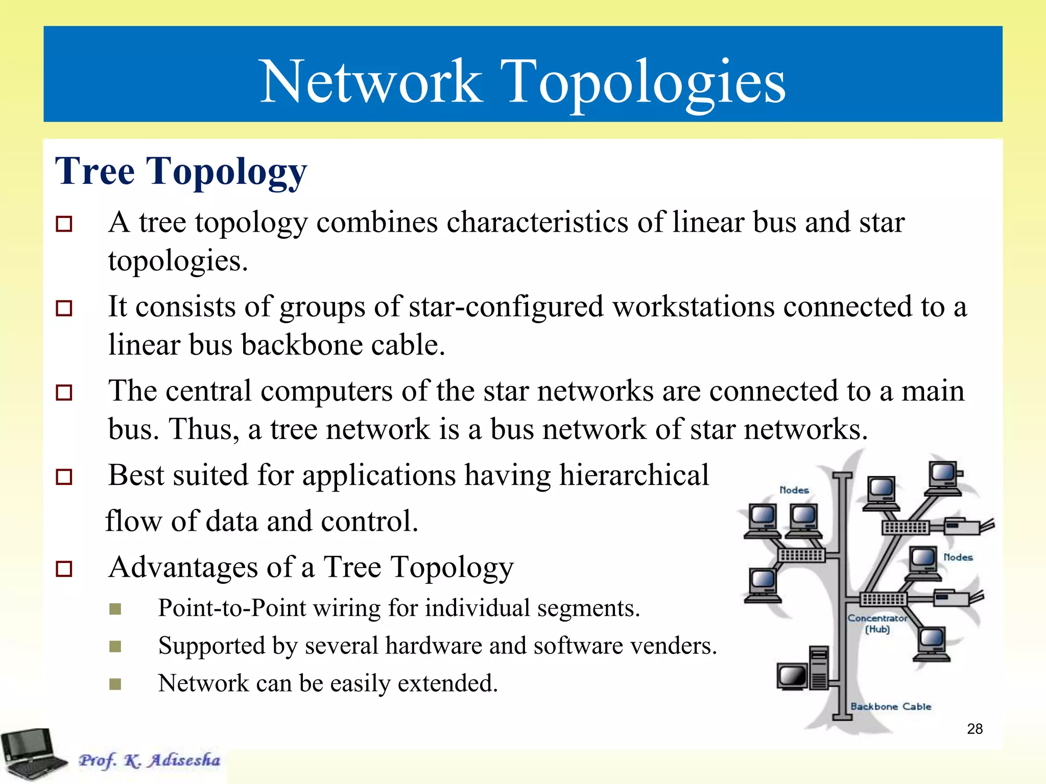 Network Topologies
Tree Topology
 A tree topology combines characteristics of linear bus and star
topologies.
 It consists of groups of star-configured workstations connected to a
linear bus backbone cable.
 The central computers of the star networks are connected to a main
bus. Thus, a tree network is a bus network of star networks.
 Best suited for applications having hierarchical
flow of data and control.
 Advantages of a Tree Topology
 Point-to-Point wiring for individual segments.
 Supported by several hardware and software venders.
 Network can be easily extended.
28
 