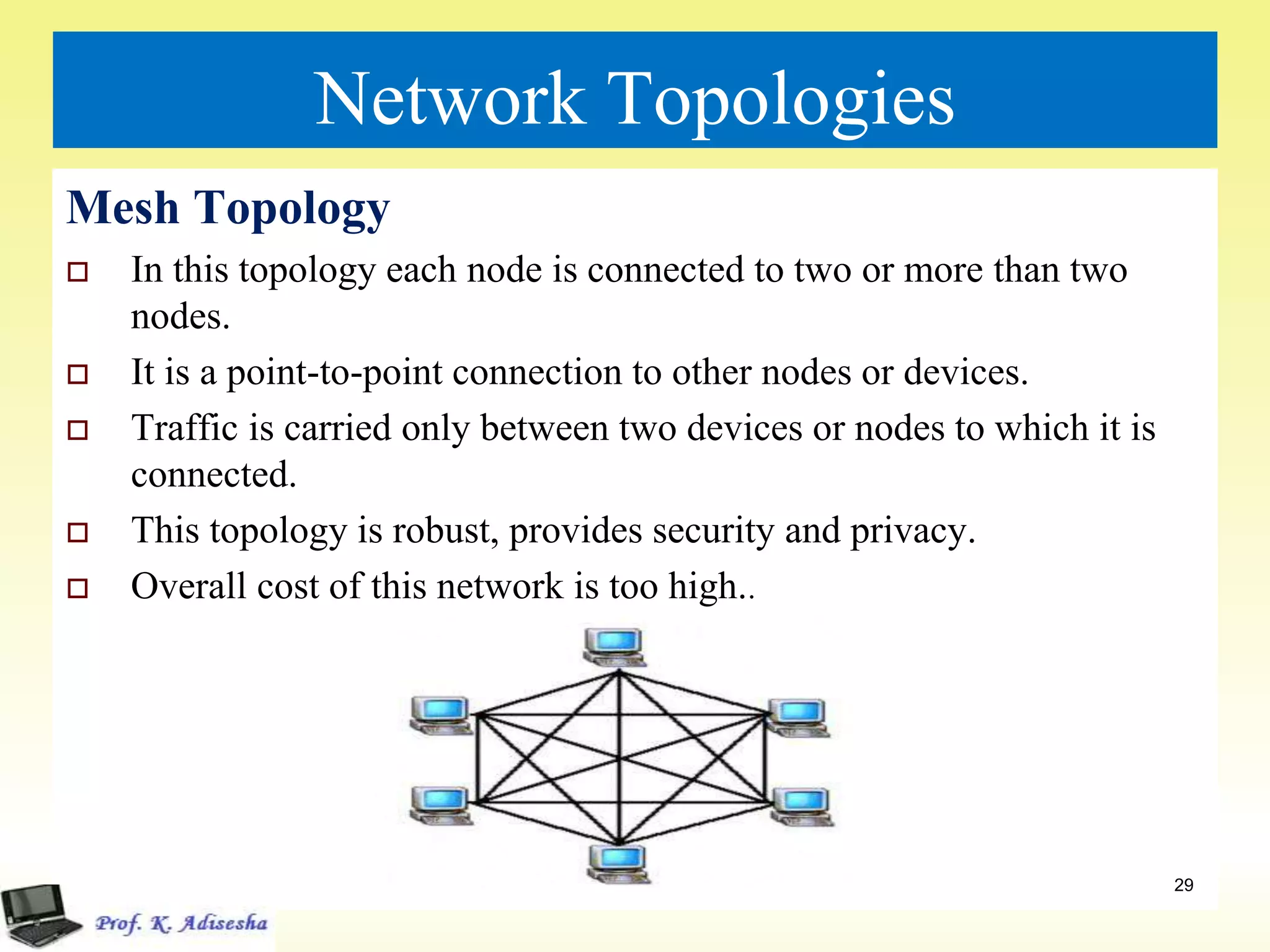 Network Topologies
Mesh Topology
 In this topology each node is connected to two or more than two
nodes.
 It is a point-to-point connection to other nodes or devices.
 Traffic is carried only between two devices or nodes to which it is
connected.
 This topology is robust, provides security and privacy.
 Overall cost of this network is too high..
29
 