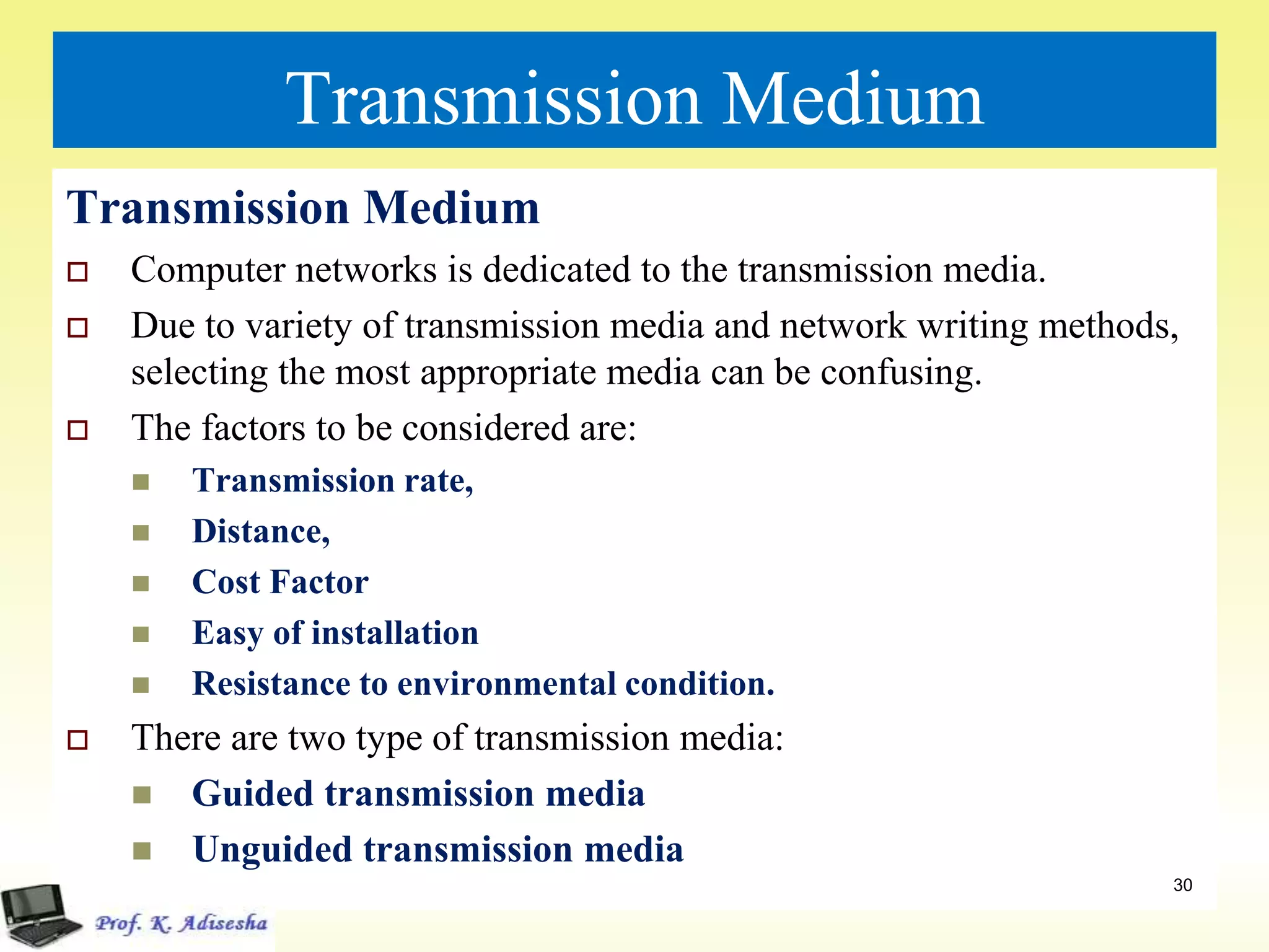 Transmission Medium
Transmission Medium
 Computer networks is dedicated to the transmission media.
 Due to variety of transmission media and network writing methods,
selecting the most appropriate media can be confusing.
 The factors to be considered are:
 Transmission rate,
 Distance,
 Cost Factor
 Easy of installation
 Resistance to environmental condition.
 There are two type of transmission media:
 Guided transmission media
 Unguided transmission media
30
 