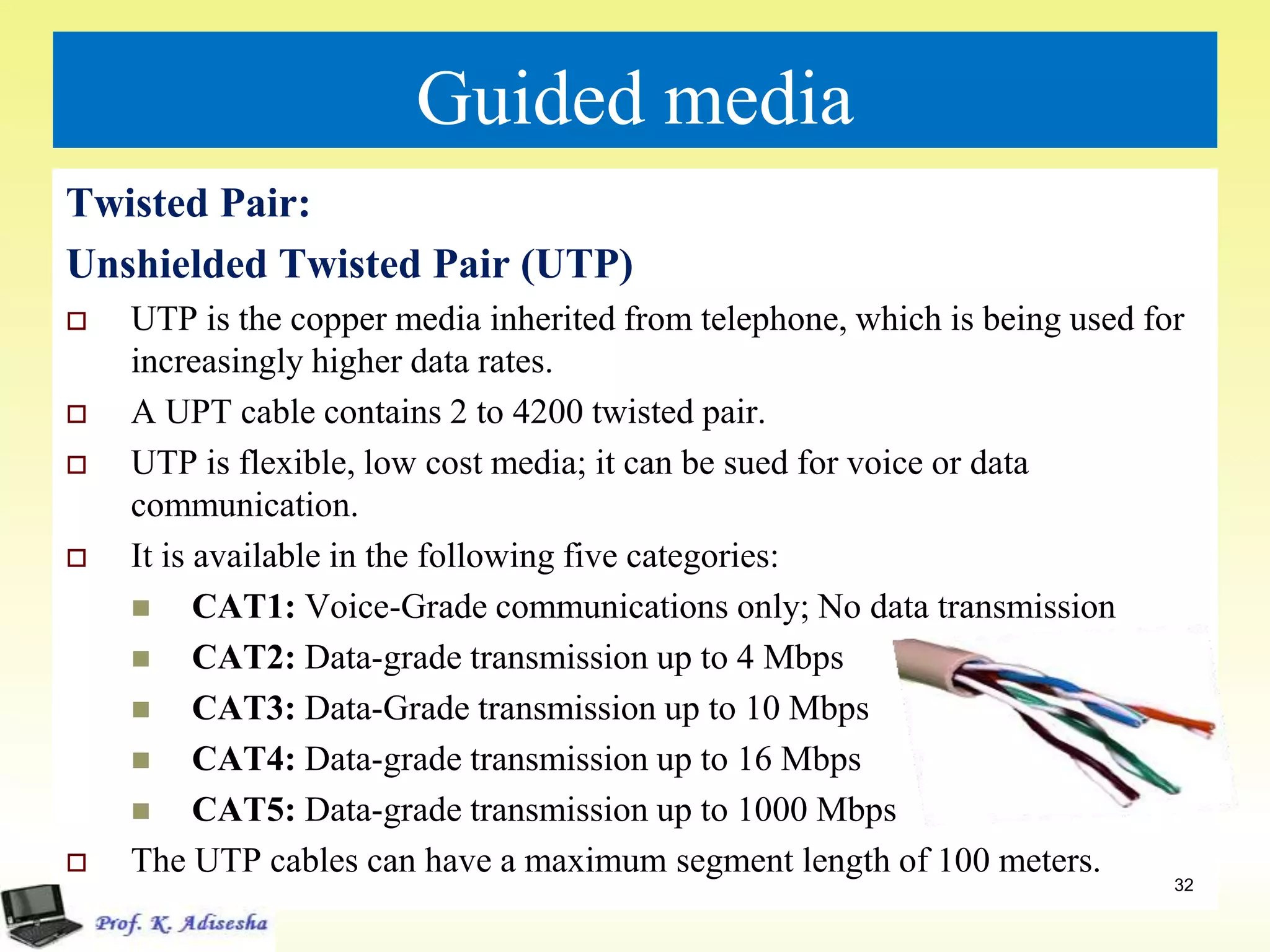 Guided media
Twisted Pair:
Unshielded Twisted Pair (UTP)
 UTP is the copper media inherited from telephone, which is being used for
increasingly higher data rates.
 A UPT cable contains 2 to 4200 twisted pair.
 UTP is flexible, low cost media; it can be sued for voice or data
communication.
 It is available in the following five categories:
 CAT1: Voice-Grade communications only; No data transmission
 CAT2: Data-grade transmission up to 4 Mbps
 CAT3: Data-Grade transmission up to 10 Mbps
 CAT4: Data-grade transmission up to 16 Mbps
 CAT5: Data-grade transmission up to 1000 Mbps
 The UTP cables can have a maximum segment length of 100 meters.
32
 