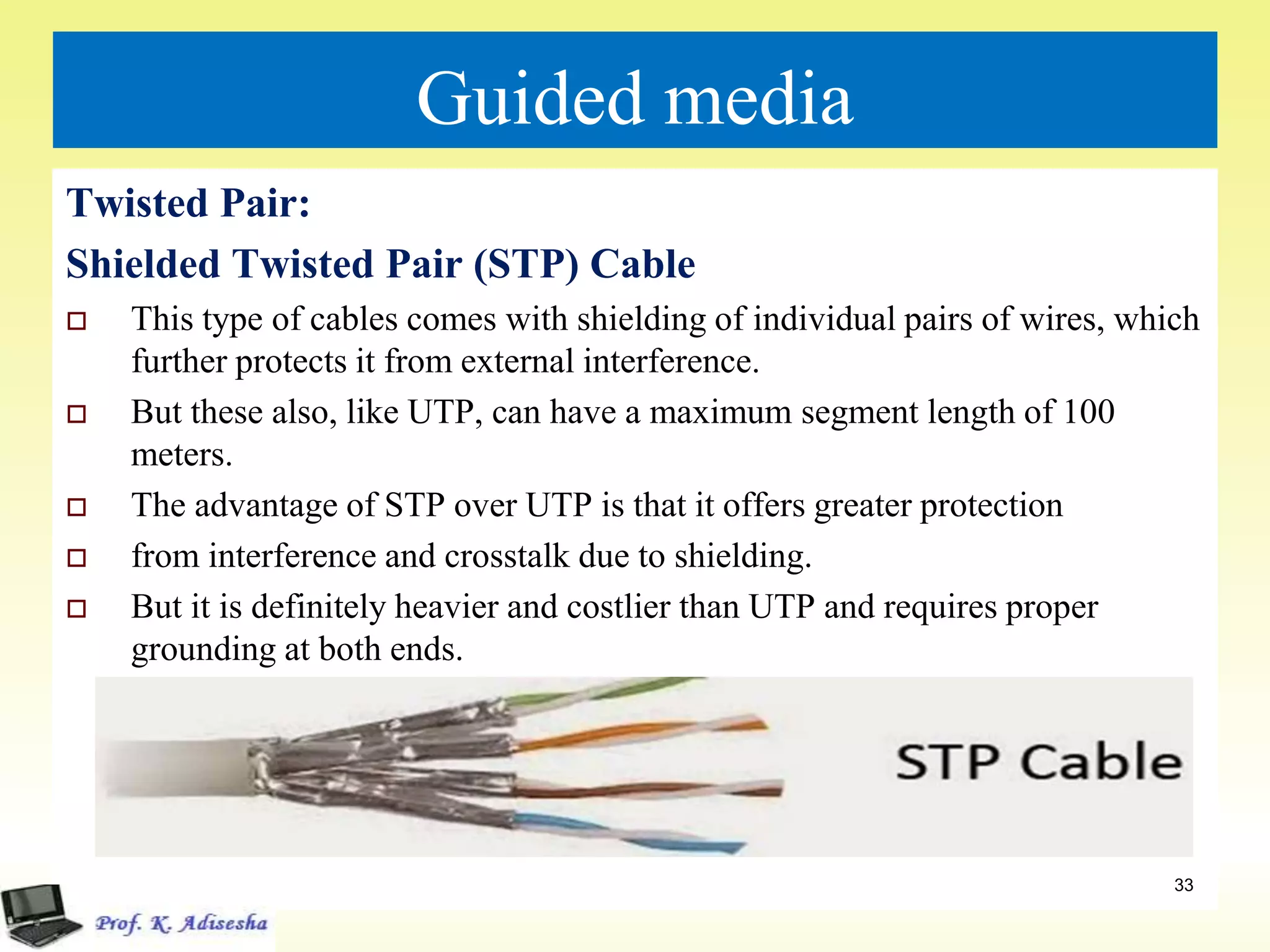 Guided media
Twisted Pair:
Shielded Twisted Pair (STP) Cable
 This type of cables comes with shielding of individual pairs of wires, which
further protects it from external interference.
 But these also, like UTP, can have a maximum segment length of 100
meters.
 The advantage of STP over UTP is that it offers greater protection
 from interference and crosstalk due to shielding.
 But it is definitely heavier and costlier than UTP and requires proper
grounding at both ends.
33
 