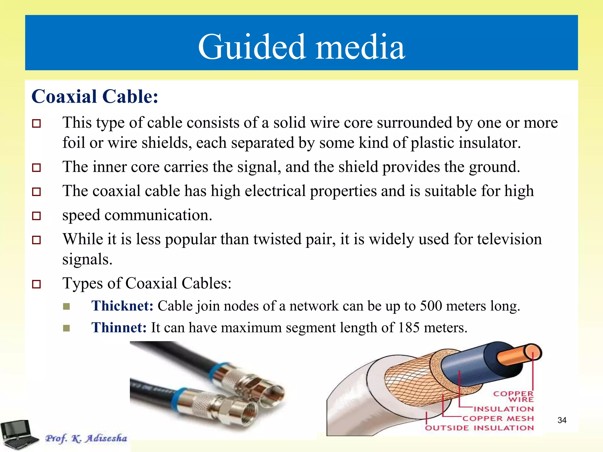 Guided media
Coaxial Cable:
 This type of cable consists of a solid wire core surrounded by one or more
foil or wire shields, each separated by some kind of plastic insulator.
 The inner core carries the signal, and the shield provides the ground.
 The coaxial cable has high electrical properties and is suitable for high
 speed communication.
 While it is less popular than twisted pair, it is widely used for television
signals.
 Types of Coaxial Cables:
 Thicknet: Cable join nodes of a network can be up to 500 meters long.
 Thinnet: It can have maximum segment length of 185 meters.
34
 