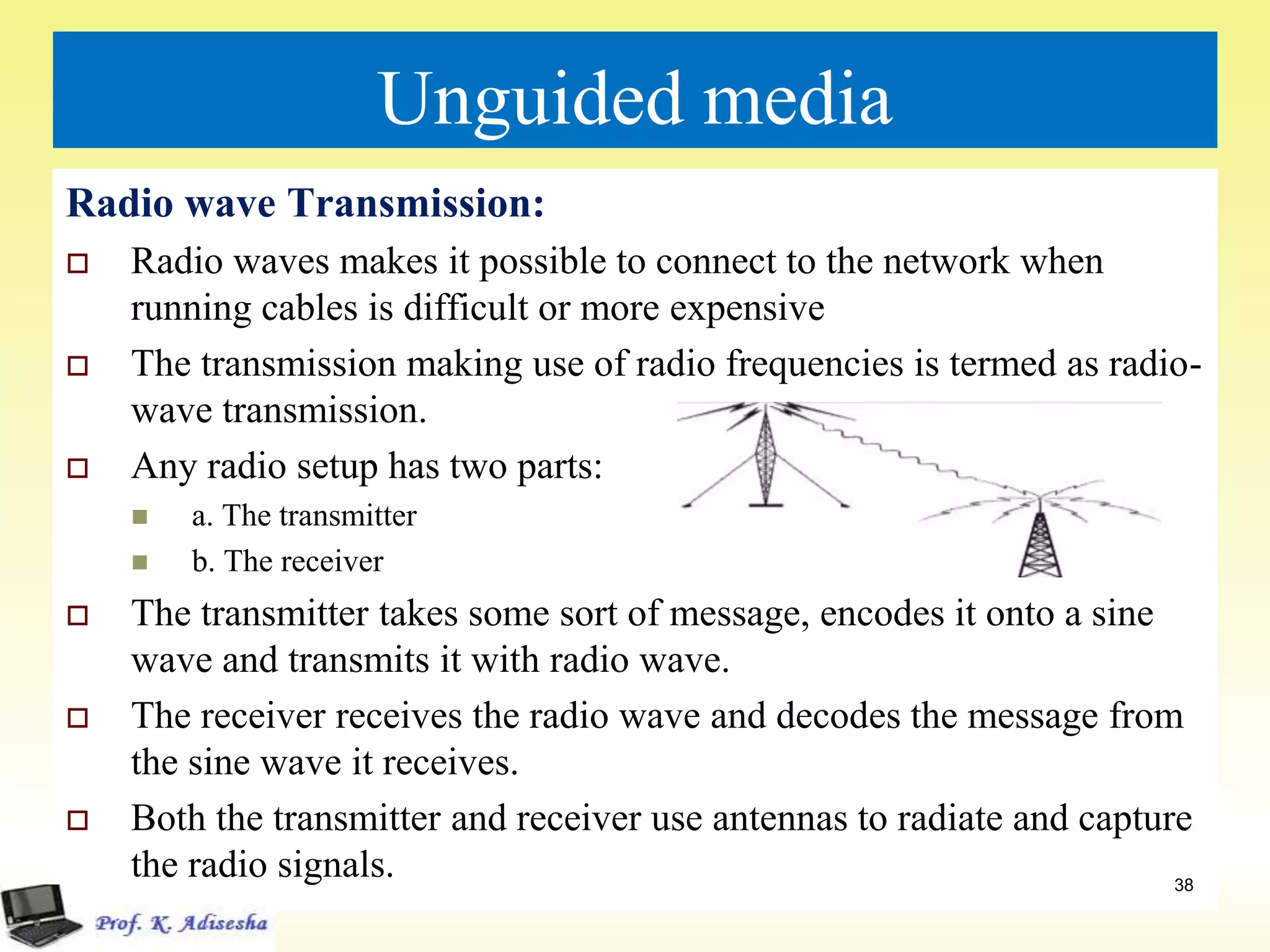 Unguided media
Radio wave Transmission:
 Radio waves makes it possible to connect to the network when
running cables is difficult or more expensive
 The transmission making use of radio frequencies is termed as radio-
wave transmission.
 Any radio setup has two parts:
 a. The transmitter
 b. The receiver
 The transmitter takes some sort of message, encodes it onto a sine
wave and transmits it with radio wave.
 The receiver receives the radio wave and decodes the message from
the sine wave it receives.
 Both the transmitter and receiver use antennas to radiate and capture
the radio signals. 38
 