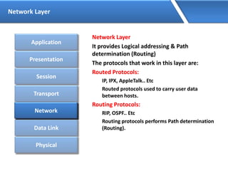 Network Layer
Network Layer
It provides Logical addressing & Path
determination (Routing)
The protocols that work in this layer are:
Routed Protocols:
IP, IPX, AppleTalk.. Etc
Routed protocols used to carry user data
between hosts.
Routing Protocols:
RIP, OSPF.. Etc
Routing protocols performs Path determination
(Routing).
Application
Presentation
Session
Transport
Network
Data Link
Physical
Network
 