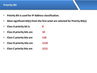 Priority Bit
• Priority Bit is used for IP Address classification.
• Most significant bit(s) from the first octet are selected for Priority Bit(s).
• Class A priority bit is 0
• Class B priority bits are 10
• Class C priority bits are 110
• Class D priority bits are 1110
• Class E priority bits are 1111
 