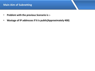 Main Aim of Subnetting
• Problem with the previous Scenario is :-
• Wastage of IP addresses if it is public(Approximately 400)
 
