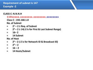 Requirement of subnet is 14?
Example -2
CLASS C: N.N.N.H
110xxxxx.xxxxxxxx.xxxxxxxx.xxxxxxxx
Class C : 192.168.1.0
No. of Subnet
= 2n – 2 ≥ Req. of Subnet
= 24 – 2 ≥ 14(-2 is for First & Last Subnet Range)
= 16– 2
= 14 Subnet
No. of Host
= 2h – 2 (-2 is for Network ID & Broadcast ID)
= 24 – 2
= 16 – 2
= 14 Hosts/Subnet
 