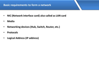 Basic requirements to form a network
• NIC (Network interface card) also called as LAN card
• Media
• Networking devices (Hub, Switch, Router, etc.)
• Protocols
• Logical Address (IP address)
 